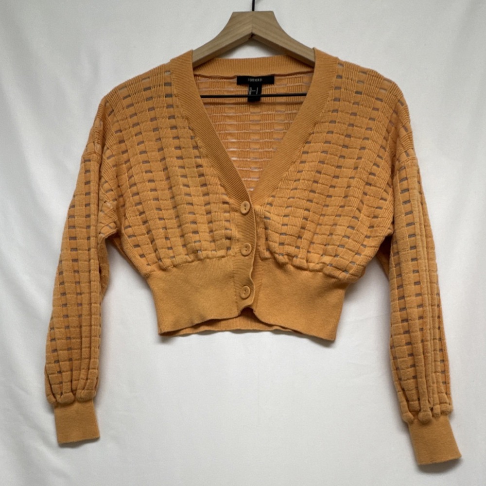 FOREVER 21 Orange Open-Knit Cardigan Sweater Button V-Neck Geometric Small